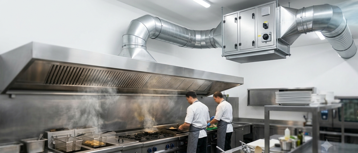 Electrostatic precipitator installed in a commercial kitchen exhaust ventilation system