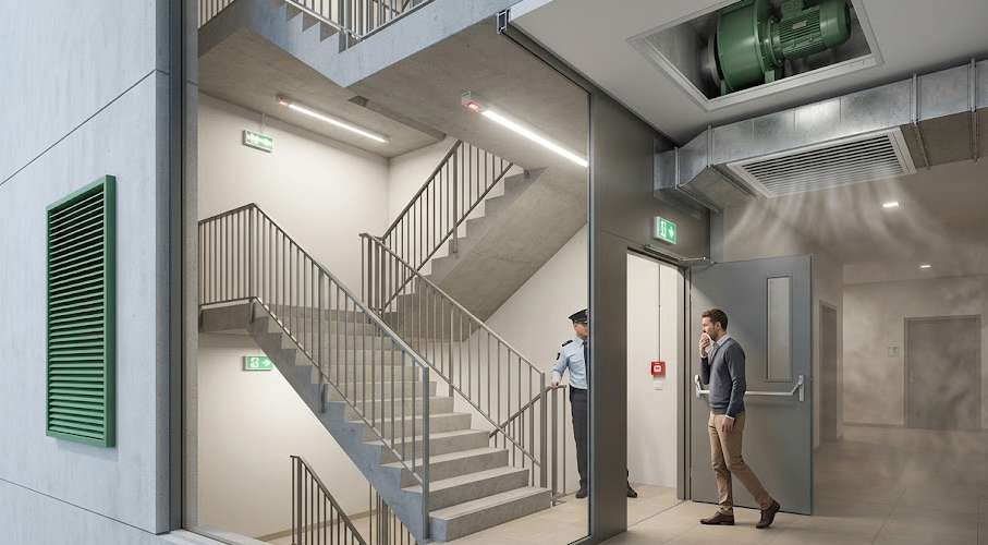 Staircase pressurization system supplying fresh air to a protected emergency stairwell